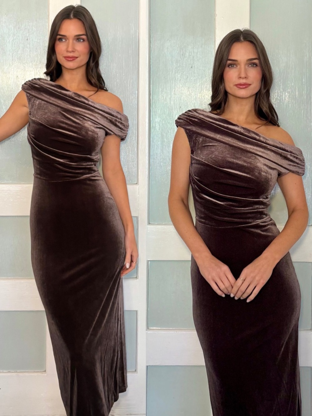 NEW ASTR The LABEL Taupe Brown ONE SHOULDER Velvet SHEATH Midi DRESS L